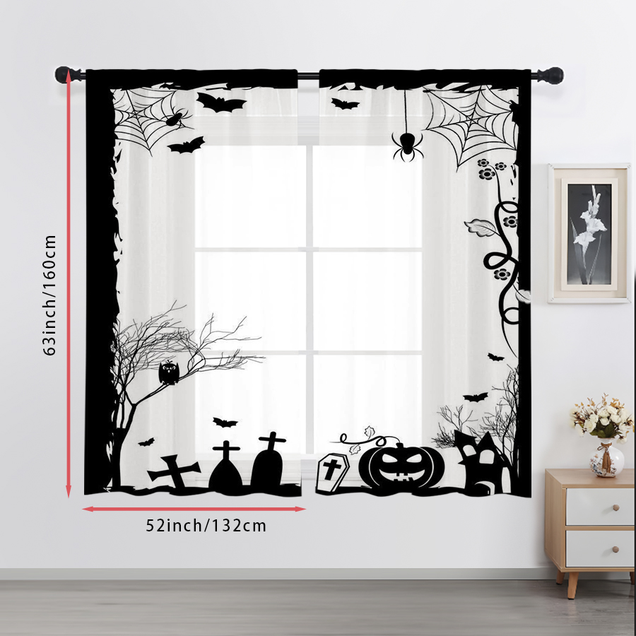 2PCS Digital Print Sheer Curta - Spider Web Halloween Decoration 评论和价格